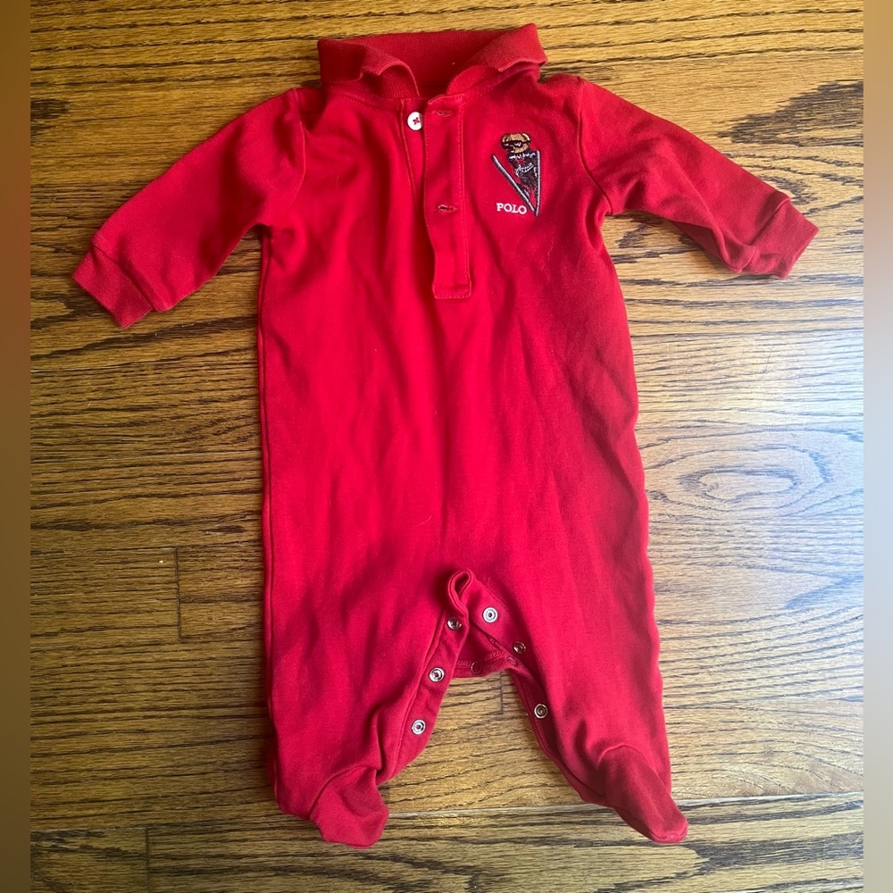 Ralph Lauren Baby Collared Footed Onesie Red 3-6 Month
